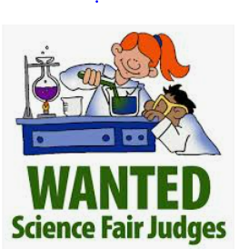 "Wanted Science Fair Judges" with clip art of scientists